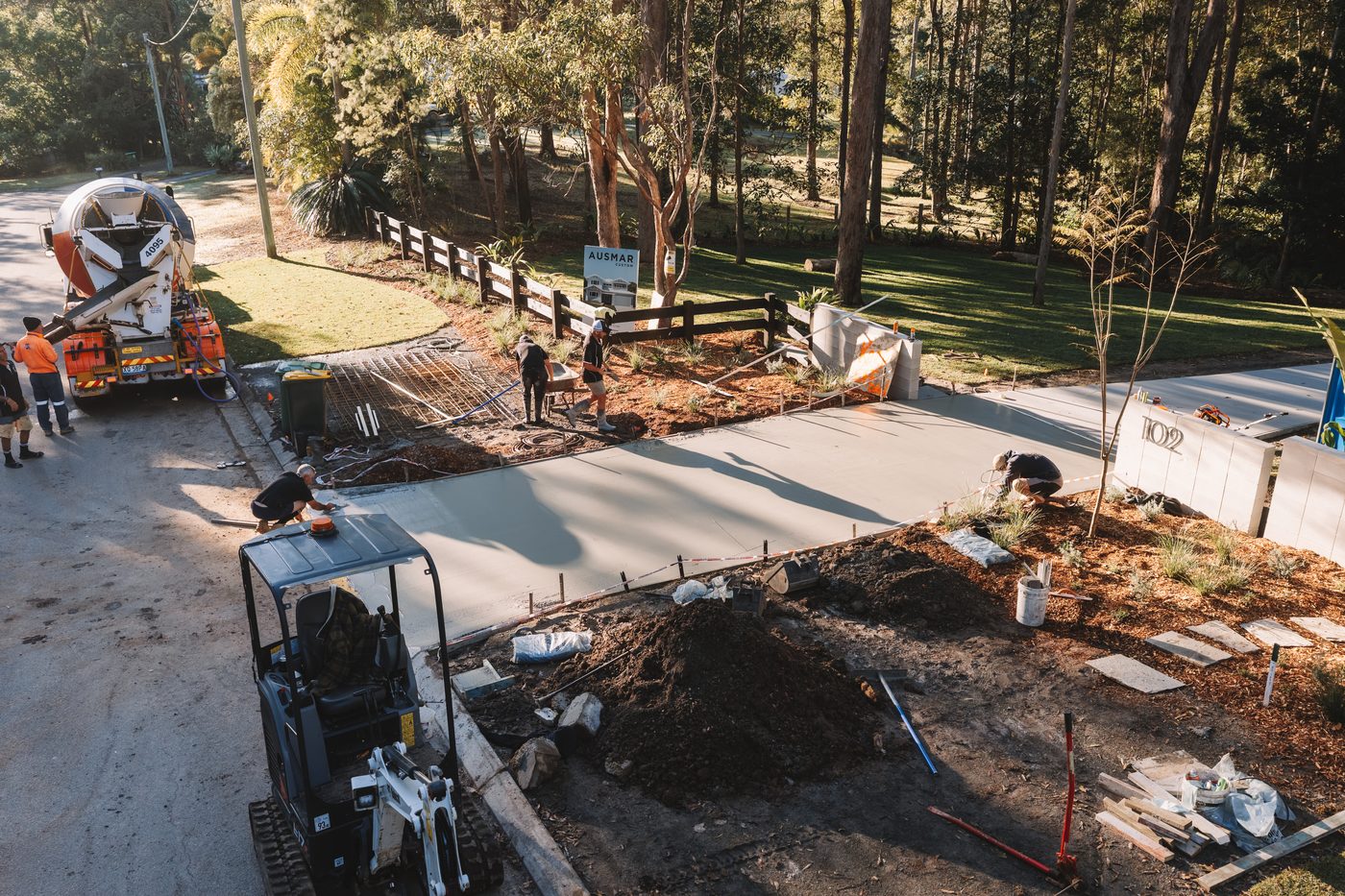 Aerial view of site prep and formwork ahead of a driveway pour