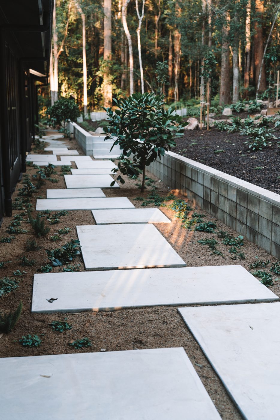Concrete steppers set into landscaping beside a black-clad home